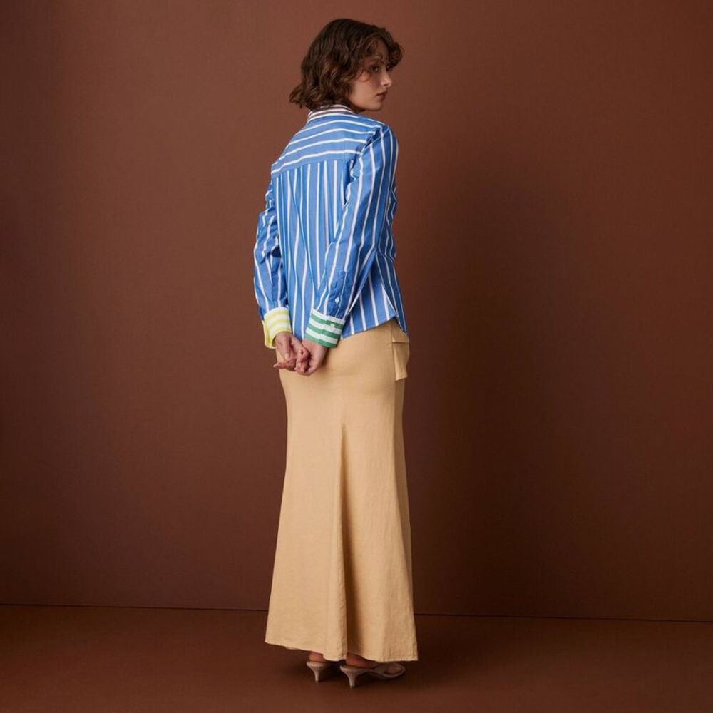 Women's Long Sleeve Poplin Button-Down Striped Shirt Blue L - Picture 2 of 4
